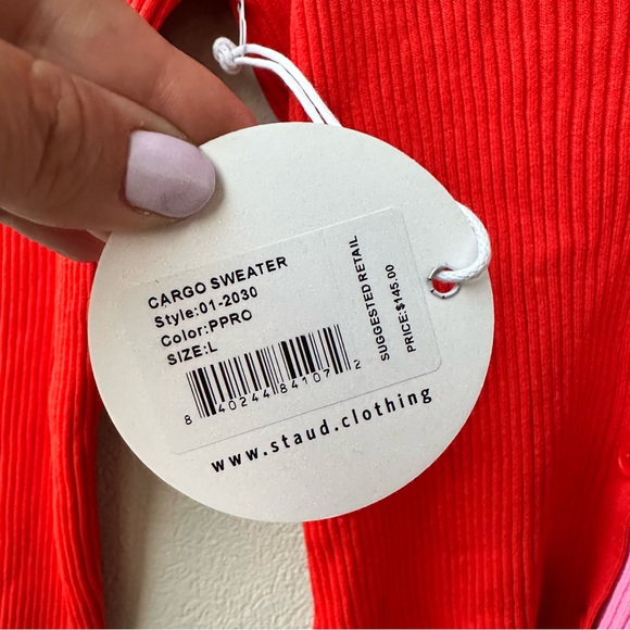 NWT STAUD Women’s Red Pink Cargo Cardigan Sweater Ribbed Size Large - Picture 7 of 12
